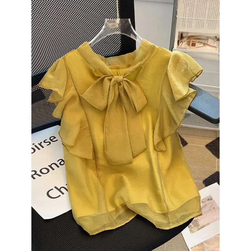 Summer Women's Casual Fashion Elegant Commuting Solid Color Round Neck Patchwork French Bow Chiffon Little Flying Sleeve Shirt