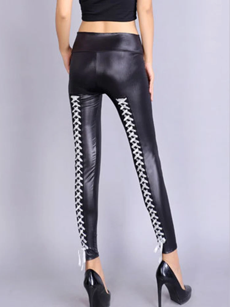 Faux Leather Pencil Pants Bandage Lace Up Sexy Leggings Women Clubwear Party Female Bottoms High Waist Tights