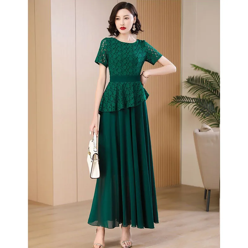 

Spring Summer New Ladies Lace Stitching Fake Two-Piece Dress Temperament Elegant Slim Zipper Comfortable Holiday Leisure Dress