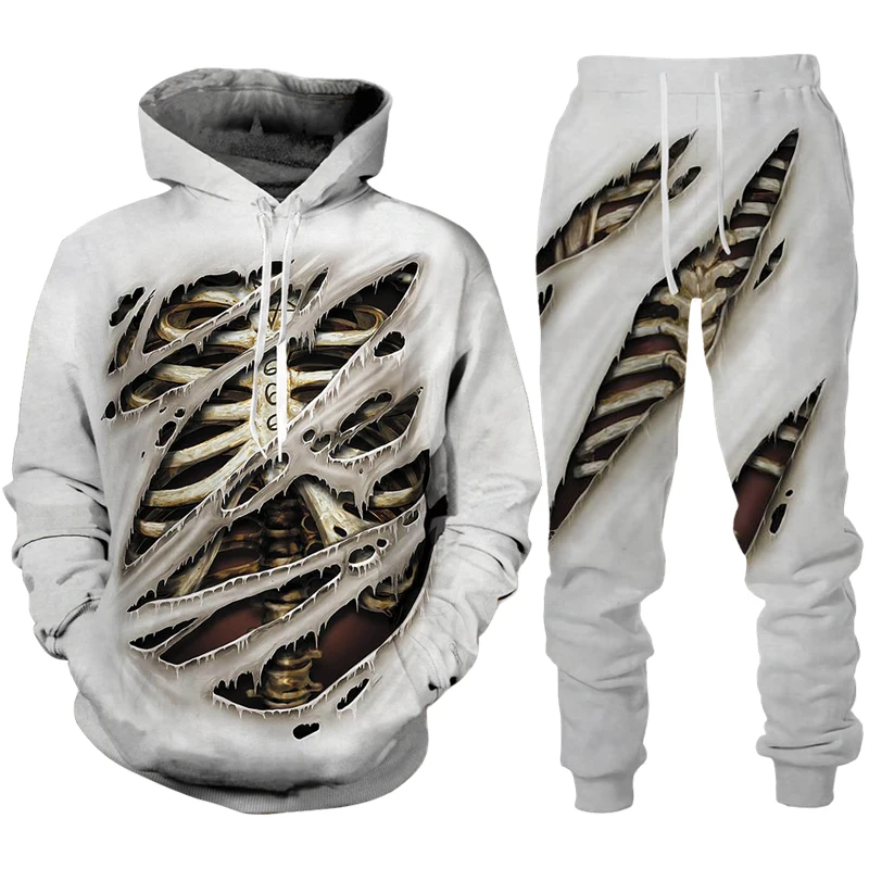 Osobowość czaszka 3D Print męski dres zestaw Gothic Punk bluza z kapturem/garnitur fajne Halloween Streetwear ubrania