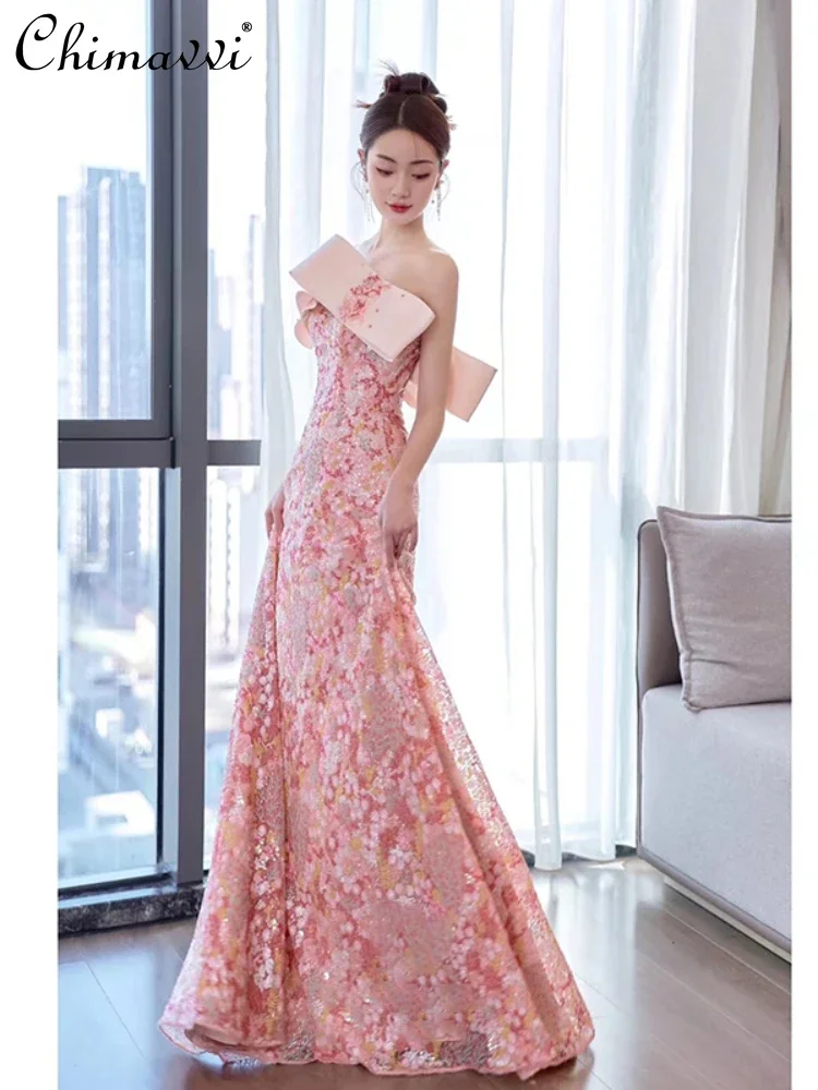 Sweet Cute Pink Embroidered Party Dresses Women Evening 2023 Summer Fashion Elegant Off-Shoulder Sleeveless Backless Long Dress