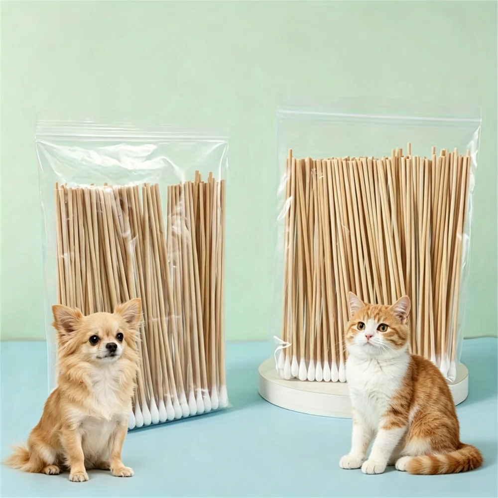 15cm Extra Long Wooden Cotton Swabs, Single Round Soft Cotton Tips Disposable Cotton Buds for Dog Cat Ear Wax Removal,100pc/pack