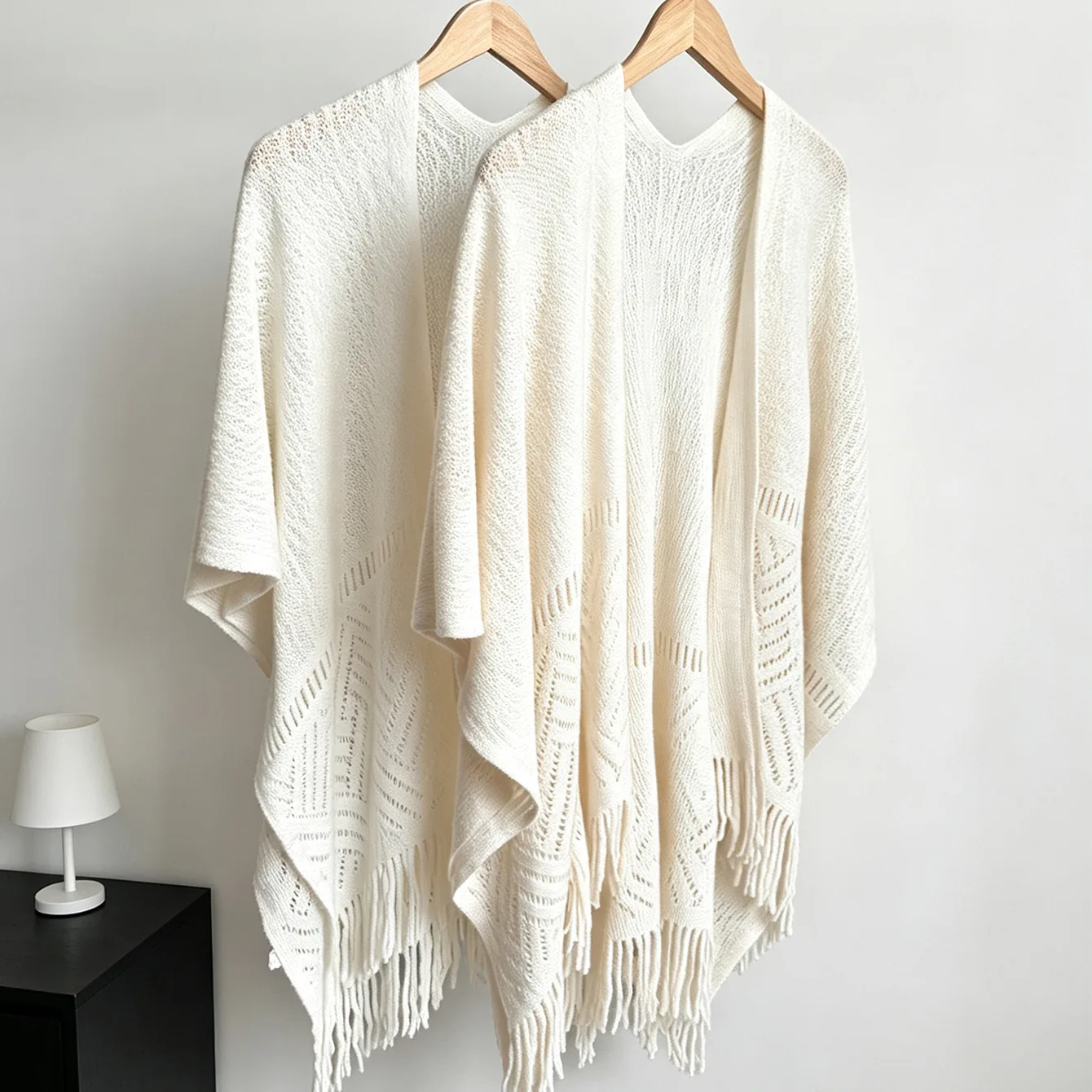 Women Open Front Knitted Shawl Wrap Hollow Out Crochet Fringe Poncho Cape Soft Lightweight Knit Shawls For Daily Office Wear