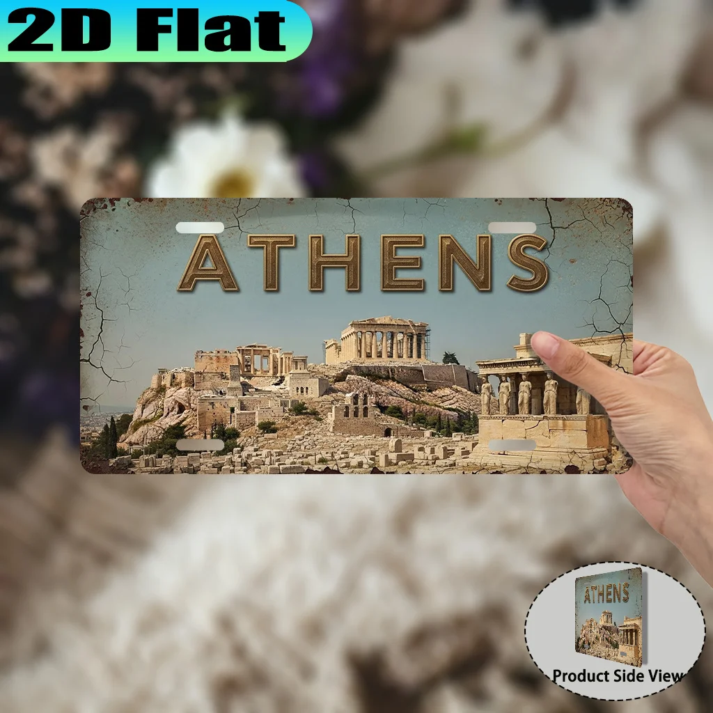 2D Flat Printing, 1pc, Vintage Aluminum Sign License Plate from Athens (12X6 Inches), Retro Urban Style, Gift for Travel Enthusi