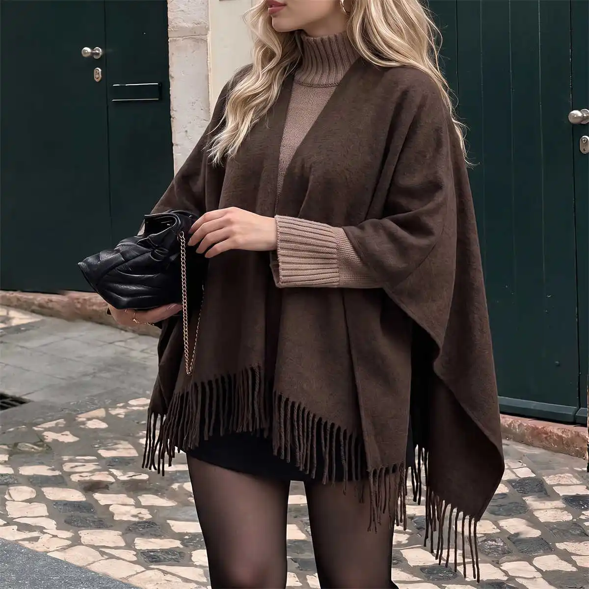 Women Solid Super Thick Cape Shawl With Tassel Open Front Poncho Wrap Coat Knit Cuff Sleeve Soft Warm Oversized Winter Outwear