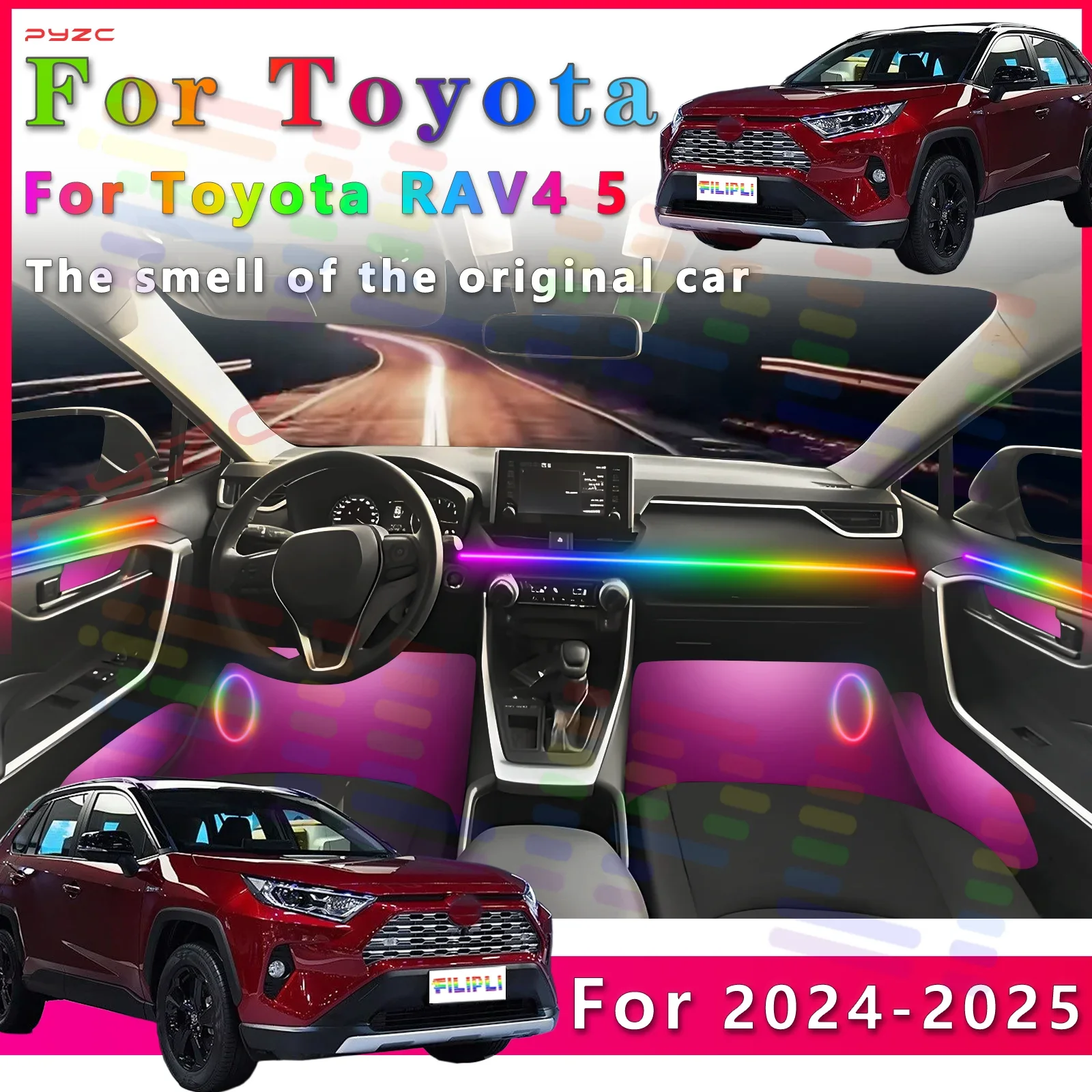

Для Toyota RAV4 5 2024-2025 декоративная светодиодная лента с регулируемыми 64 цветами и несколькими режимами освещения