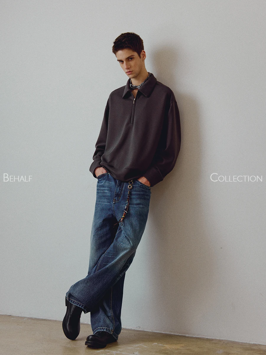 High-End 714street BEHALF Long Sleeve  Shirt with  Buttons Half Zipper Acetate Wool Youth Fashion Autumn Wear