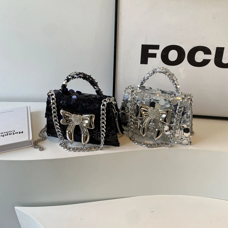 Sequined Chains PU Small Square Shoulder and Crossbody Bags Diamonds Solid High Quality Hand Bags for Women 2024 Fashion New