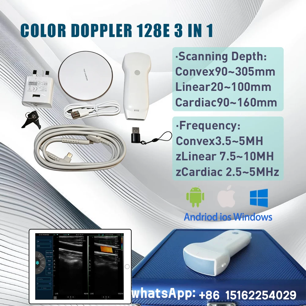 WIFI-connected 3-in-1 Ultrasound Probe, 128 Elements Color Doppler Scanner, Supports Android, iOS and Windows Systems pet