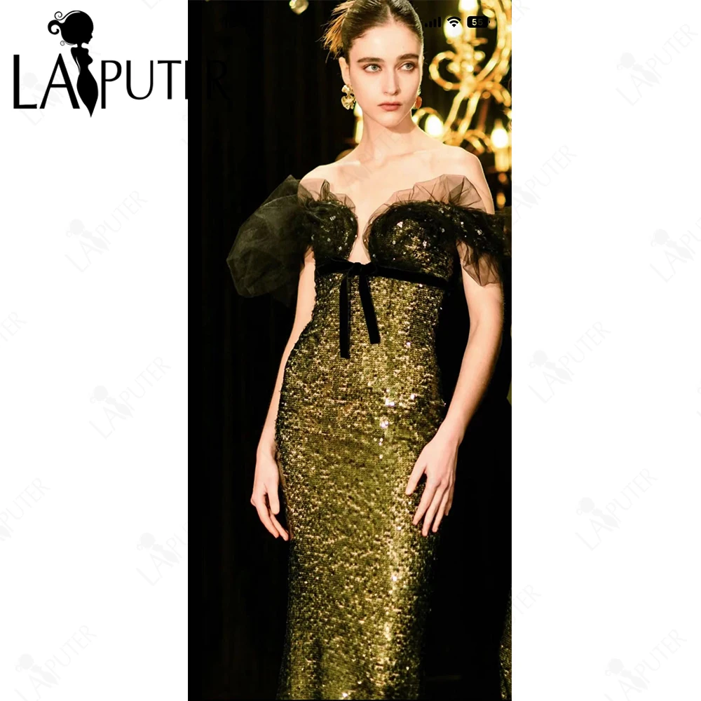 Olive สีเขียวเลื่อม Mermaid Evening Dresses ปิดไหล่ Empire Party ชุดชื่อเสียงสีดํา Tulle Mermaid Decent สีเขียวชุดราตรี