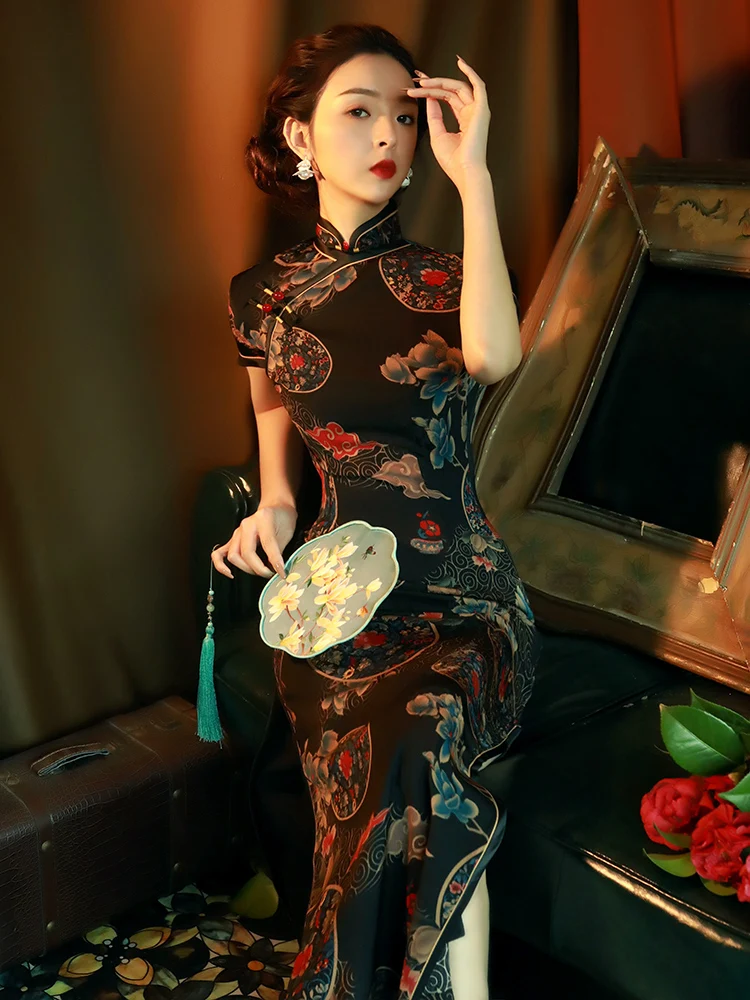 

Ele Vintage anghai Long High Slit Summer New Arrival High Quali Chinese Traditional Costume Floral Pattern