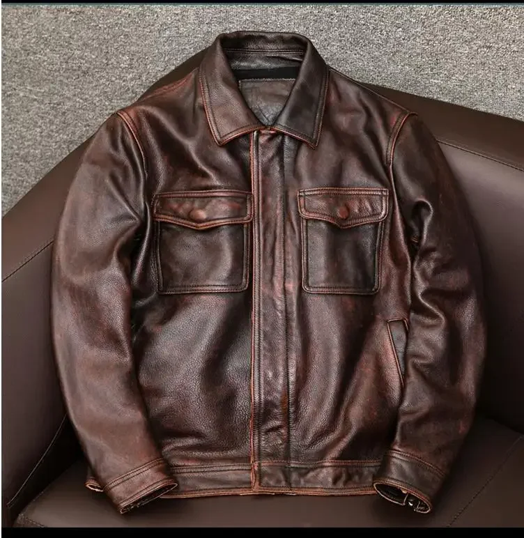 

YR!Free shipping.Asian size vintage cowhide coat.Men slim fit casual natural leather jacket.father leather cloth.Buen cuero 6XL