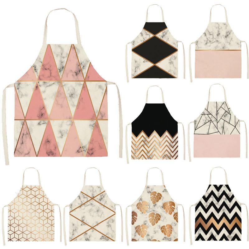 

Pink Golden Marble Geometric Pattern Cotton Linen Apron Kitchen Waist Bib Women Home Cooking Baking Pinafore 55x68cm