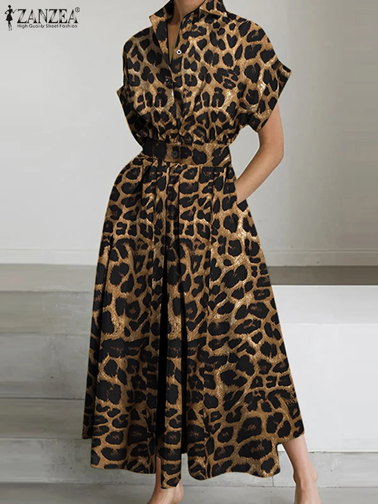 2025 فساتين أنيقة ليوبارد ZANZEA المرأة ماكسي فستان طويل مكتب فستان الشمس الصيف التلبيب الرقبة قصيرة الأكمام العمل Vestidos رداء #1