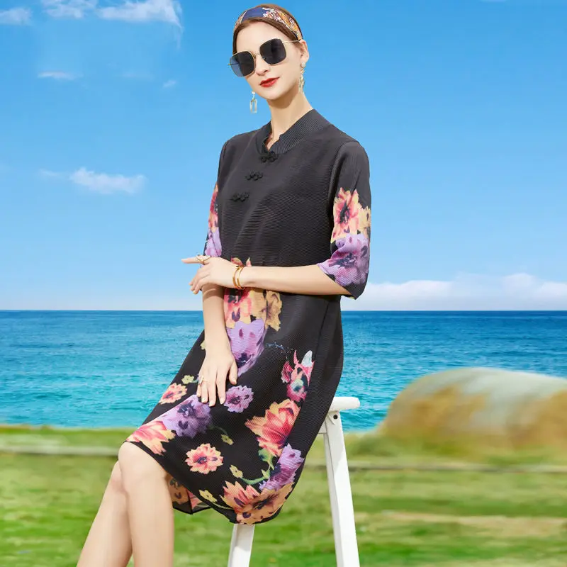 

Dress female 2023 new temperament ladies fashion retro printed color long section stand collar cheongsam elegant loose dress