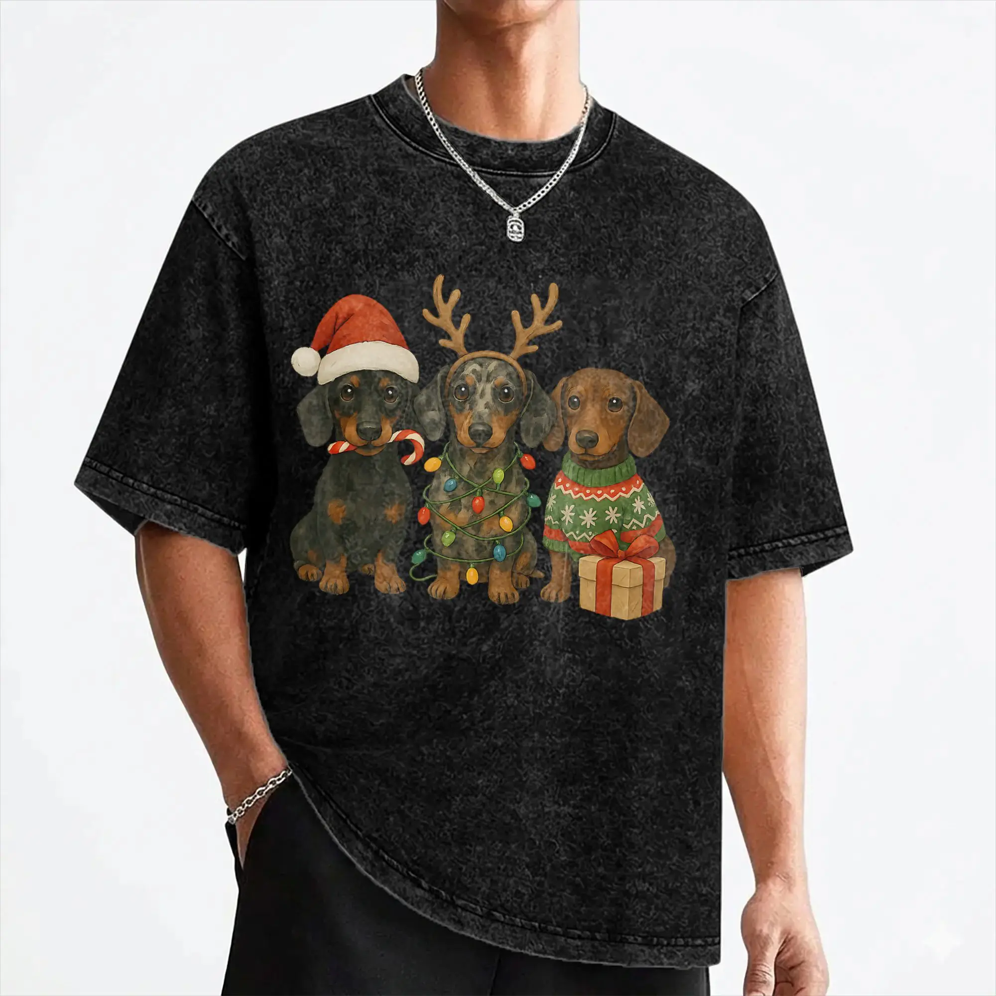 Dachshund Christmas Wiener Dog Santa Hat T Shirt Washed Cotton Oversize T-Shirt  Novelty Men Women Streetwear Printed Tee Shirt