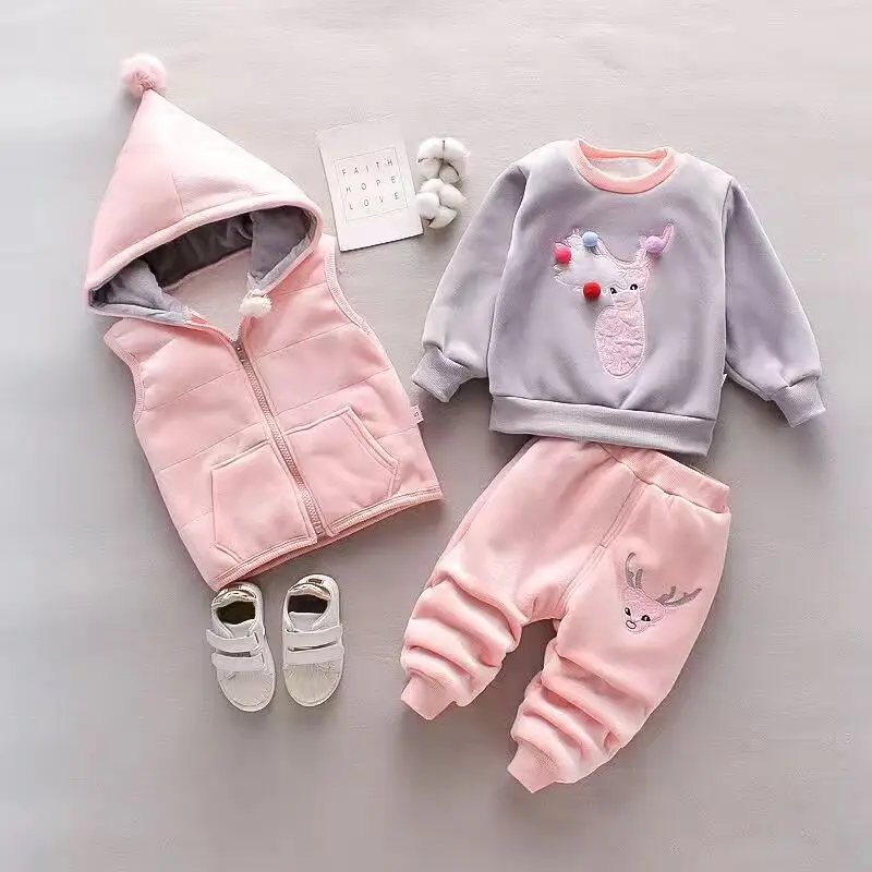 2026年冬-女の子用ベビー服セット-ベルベット-厚手-暖かい-カジュアル-フード付きセーター-漫画の象柄-3点セット-幼児男の子用服セット-123