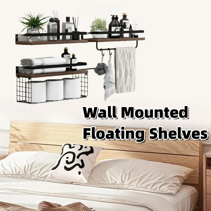 

Kitchen Bedroom Wall Mounted Wall Extended Floating Shelf with Metal Frame Wooden Bathroom Rack with Storage Basket Towel Bar