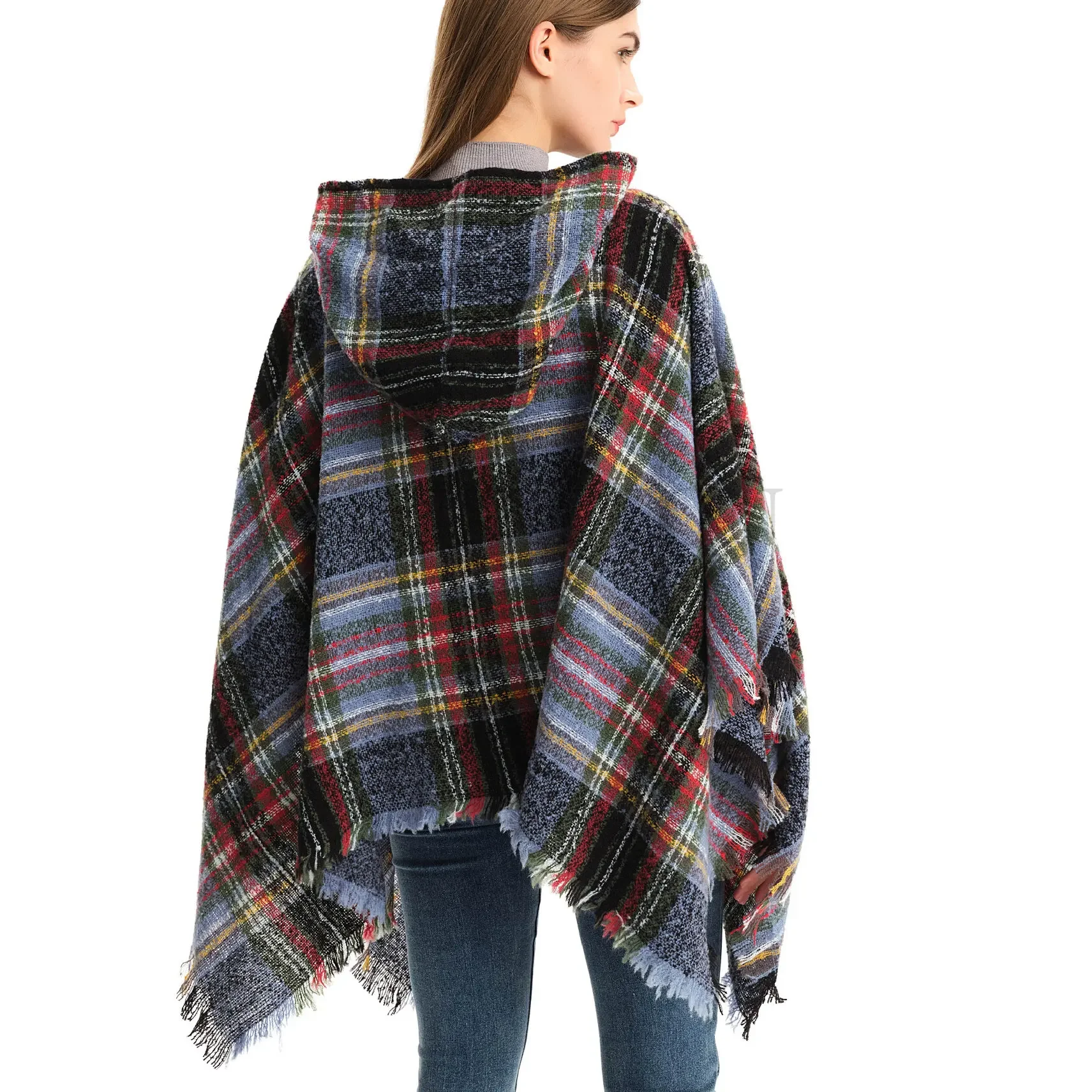 Fashion Ladies Hooded Plaid Cape Square Sweater Thicken Winter Shawl Wraps Blanket Scarf Coat Ponchos for Women