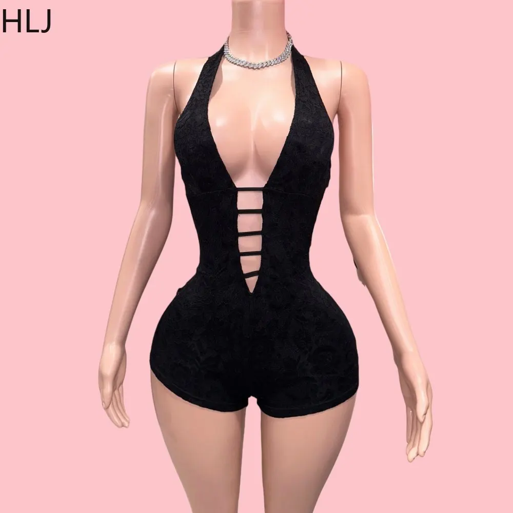 HLJ Sexy Mesh Halter Hollow Bodycon Rompers Women Lace Up Sleeveless Backless Slim Jumpsuits Fashion Solid Party Club Overalls