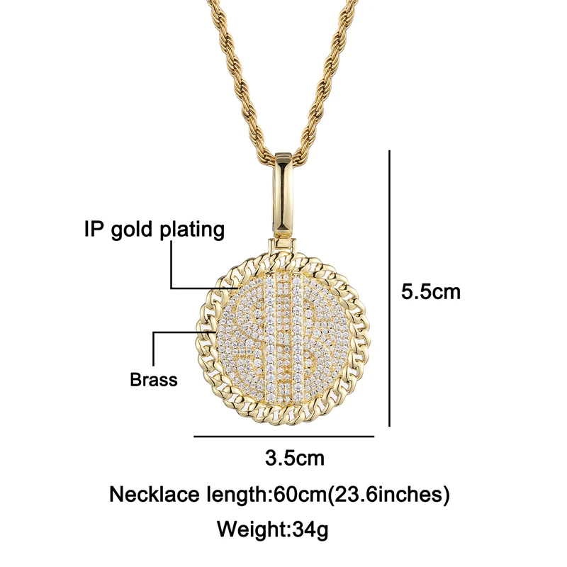 Hip Hop Round US Dollar Medallions Pendant Cubic Zircon Stones Micro Paved AAA CZ Necklace Charm Chains Women Men Jewelry Gift