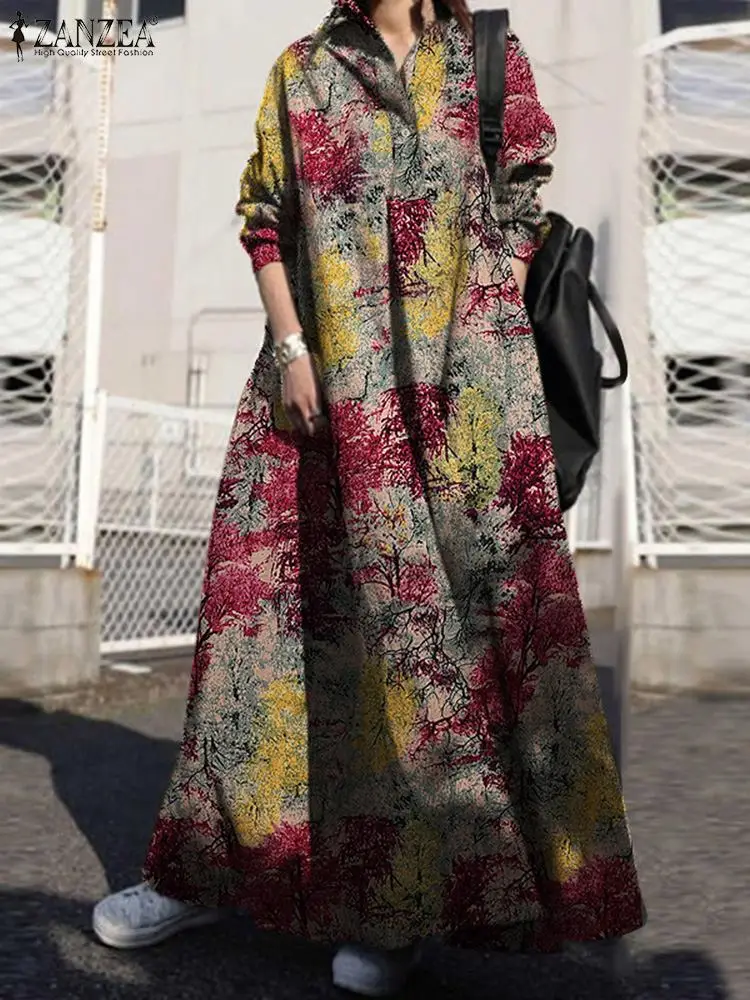 ZANZEA Fashion Jesienna bawełniana sukienka damska Vintage Floral Printed Sundress Bohemian Lapel Neck Long Sleeve Loose Shirt Vestido