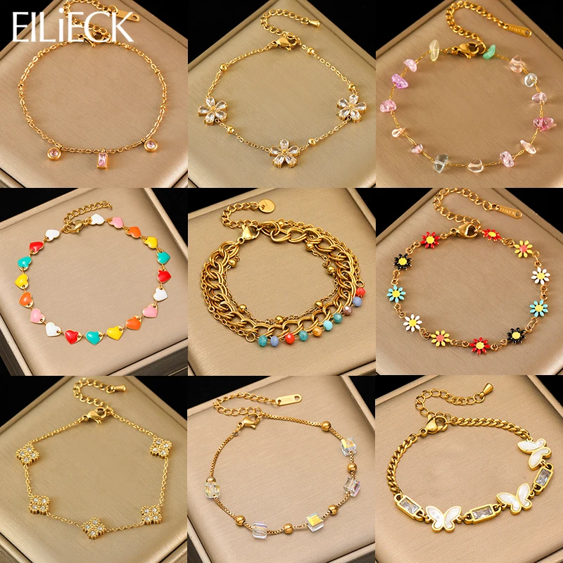 EILIECK 316L Acero inoxidable colorido flor corazón Cubic Zirconia pulsera brazalete para mujer moda muñeca cadena joyería delicada