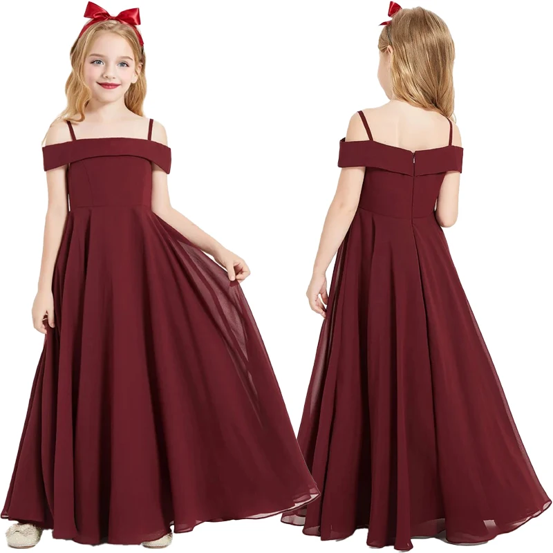 

Bordeaux Red Young Girl bridesmaid chiffon dresses suspenders prom birthday party special occasions Graduation evening gown