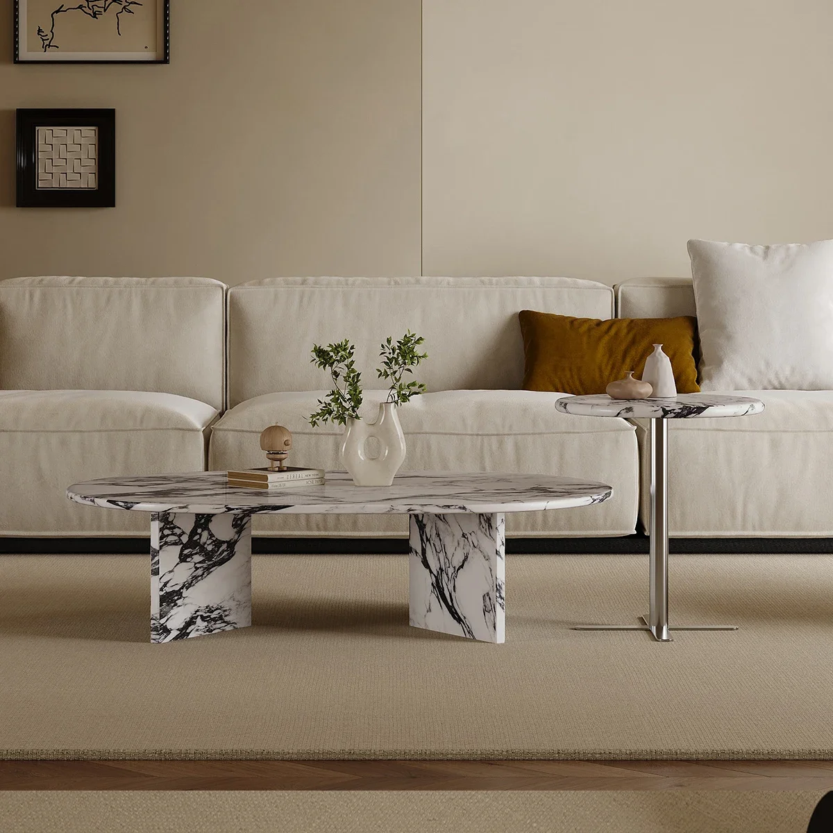 2025 طاولة قهوة من الرخام الكريمي الفرنسي، طاولة نهاية مستديرة فاخرة مصممة لغرفة المعيشة، طاولة حجرية طبيعية حديثة ​