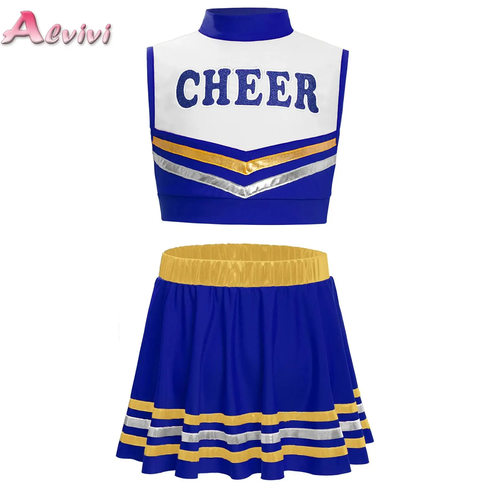 

Kids Girls Cheerleading Set Letters Printed Cheerleader Costume Musical Dance Cheer Uniform School Girl Crop Top with Skirt Suit