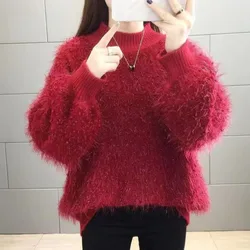 2023 New Style Mohair Knit Sweater Women Pullover Winter Fashion Shiny Soft Warm Pullover Women Loose Sweater Casual Top Unif