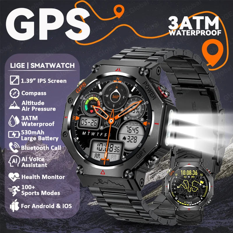 

LIGE 2025 Новинка для HUAWEI Xiaomi GPS Смарт-часы Встроенный GPS-компас Высота Давление воздуха BT Вызов 3ATM Водонепроницаемые умные часы