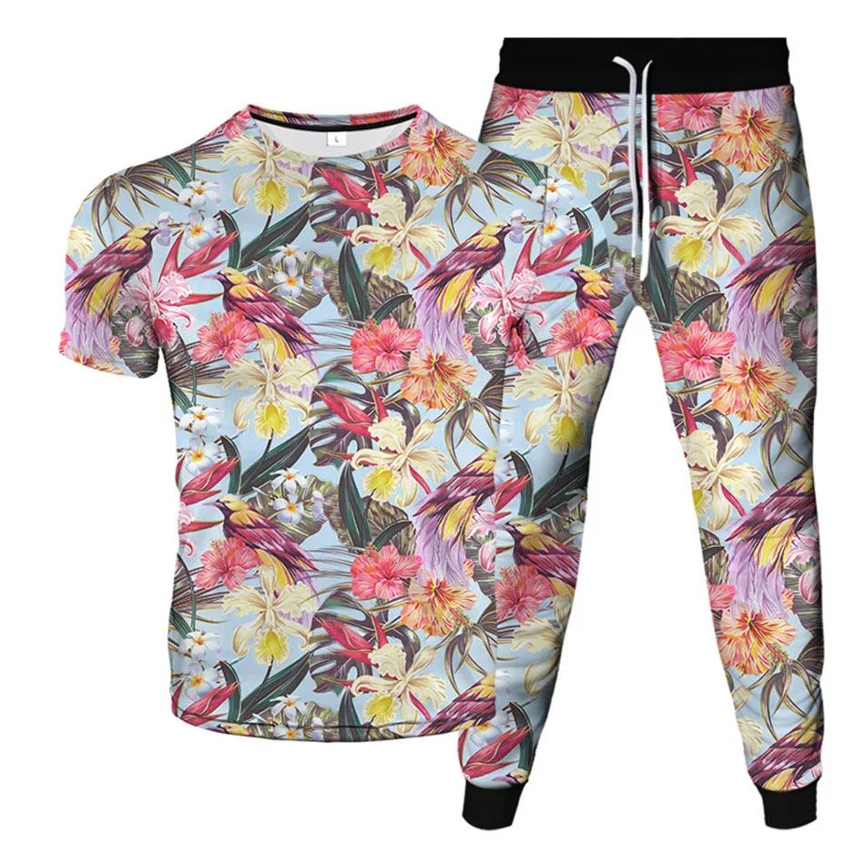 Flower Weed Animal Bird 3D Print Men Sportswear Set Short-Sleeved T Shirt Pants 2-Piece Set Oversized Pullover Men Clothing