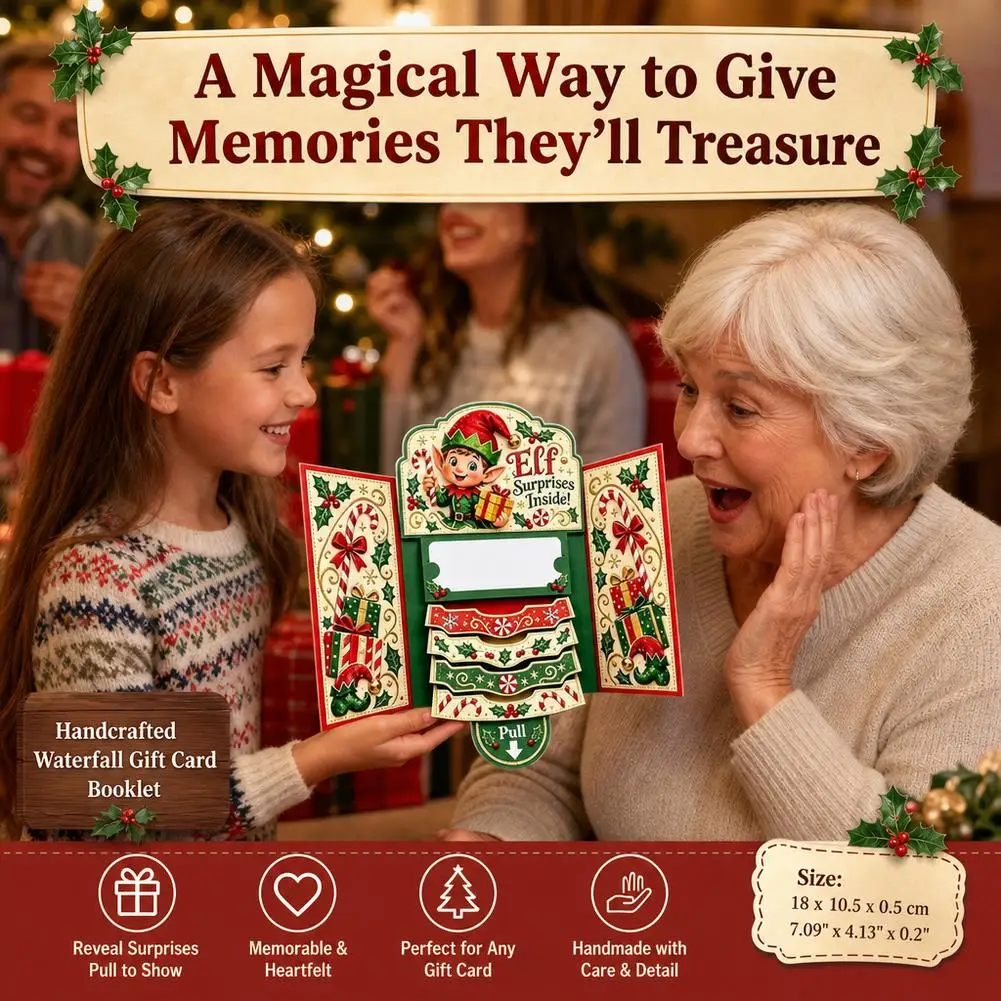 Handmade Waterfall Christmas Gift Card Holder Xmas Gingerbread Pull Out Cash Booklet DIY Voucher Greeting Envelope Party Kids