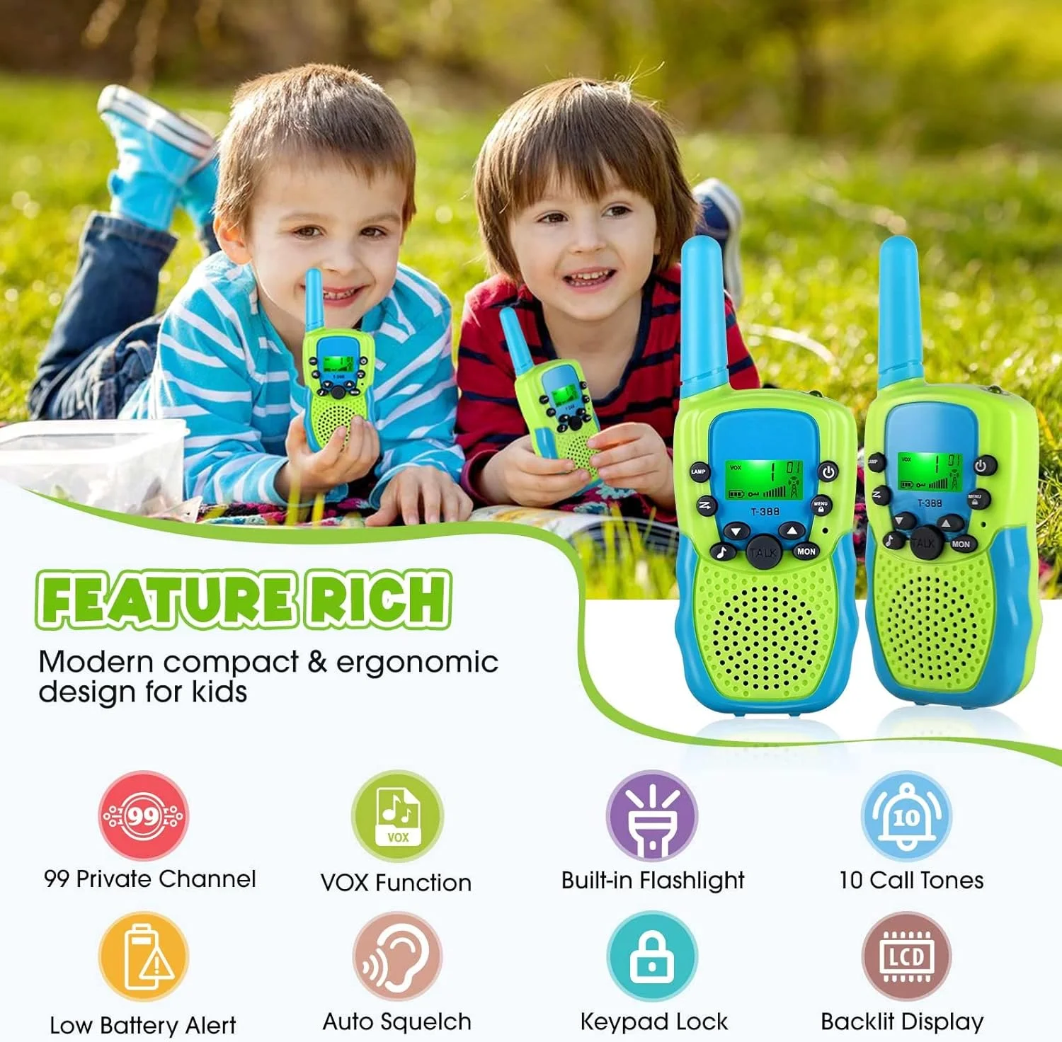 T-388 Kids Walkie Talkies 3KM Long Range Wireless Toys for 3-12 Years Old Boys Girl Outdoor Camping Hiking Parent-Child Interact