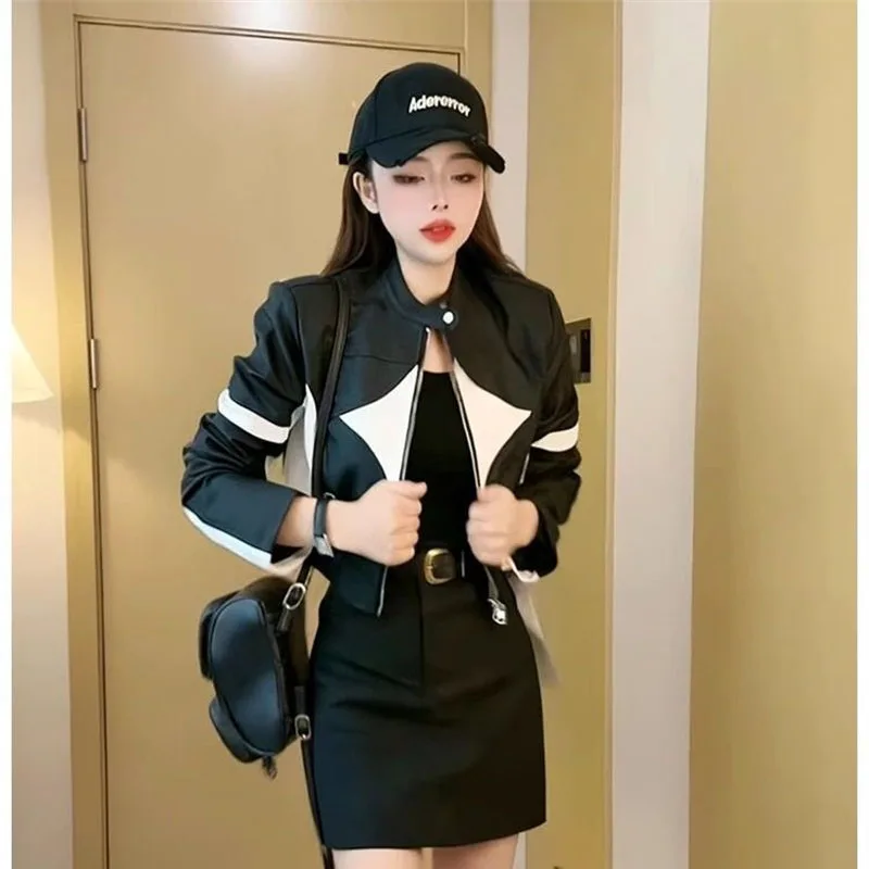 Contrast Color PU Leather Coat for Women's Fashion Short Motorcycle Leather Jacket New 2025 Spring Autumn Female Outerwear Top