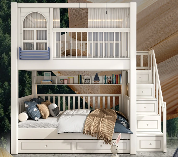 Full solid wood children's bed, double layer bed, double layer high and low mother bed