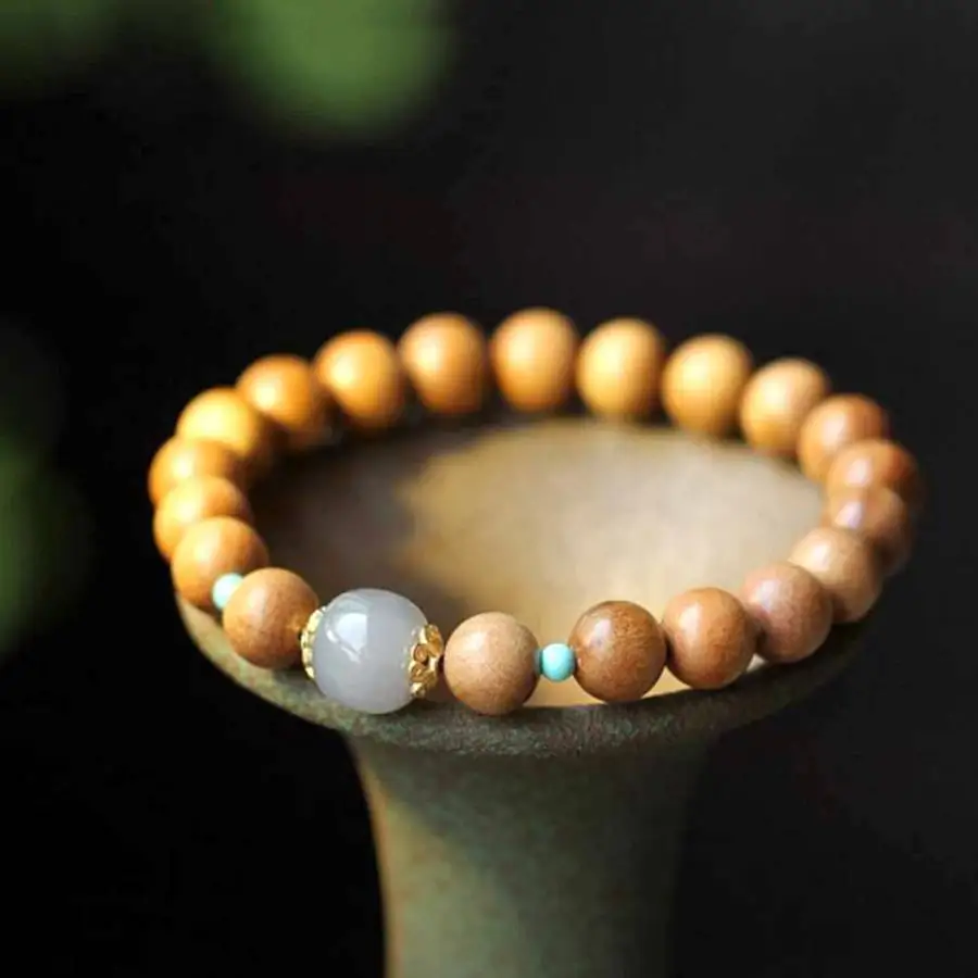 

8mm Natural jade Wooden beads 18k gold Bracelet Chain elastic Gemstone Hand Prayer Tibetan Meditation Japa Chaplet Bead Nirvana