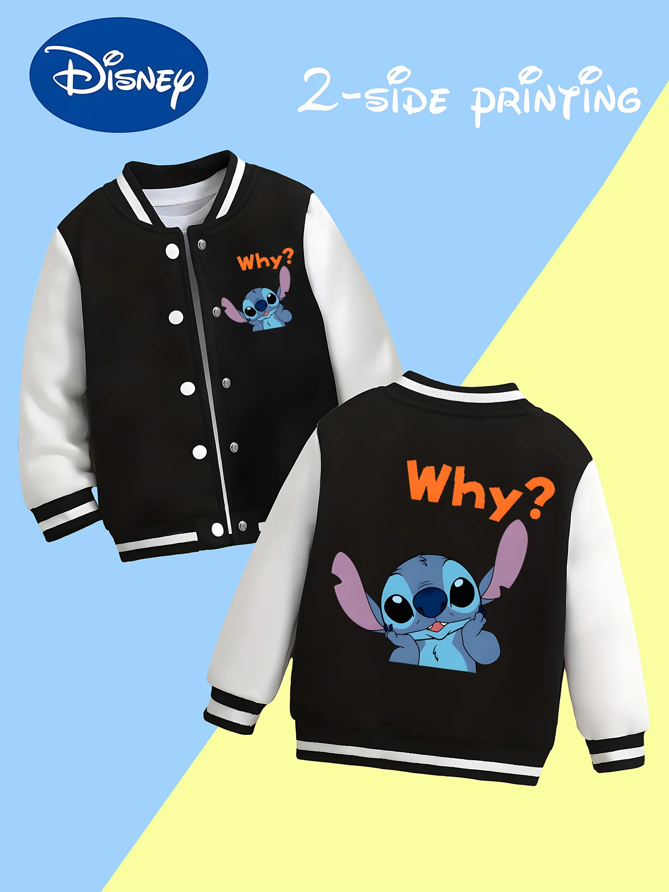 

MINISO Disney Stitch "Why" Series Baseball Boys Jacket - Reversible Cute Question Mark Print, School-Ready, Fitted, Trendy