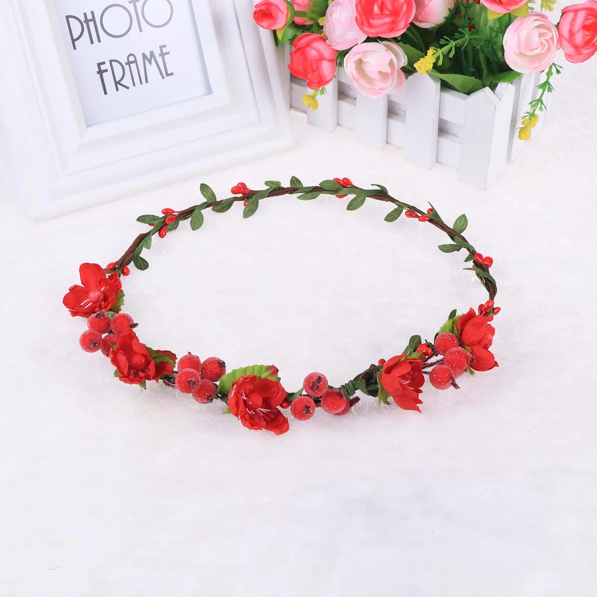 

Floral Wreath Bright Plastic Flower Garland For Wedding Birthday Garland Headband Ceremony Cosplay Party Red
