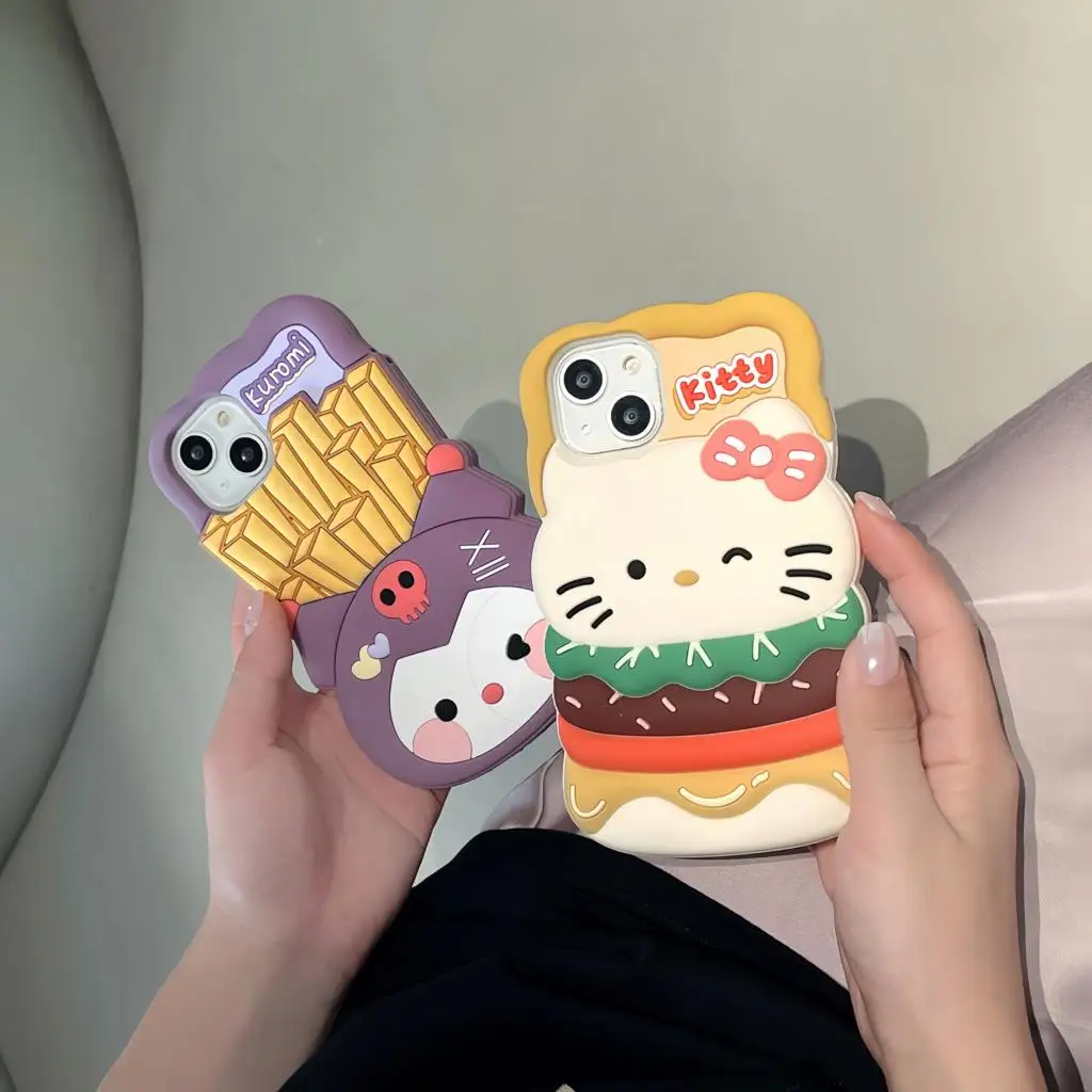 Sanrio Hello Kitty Hamburg Kuromi Fries Creative 3D Phone Case For Iphone 11 12 13 14 Pro Max Cartoon Silicone Soft Shell Cover