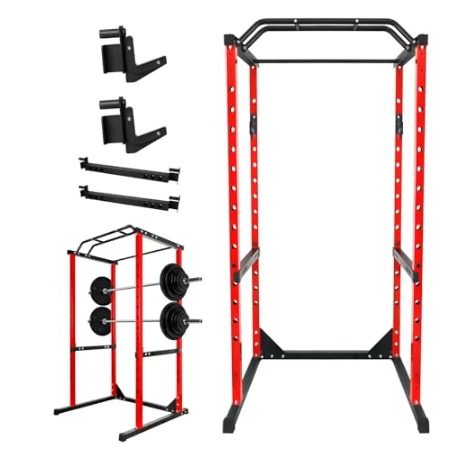 

Red Smith Machine Power Cage 1200 lbs Squat Rack Home Gym with Barbell Bar Safety Spotter Arms J Hooks 14-Hole Pull-Up Bar Powe