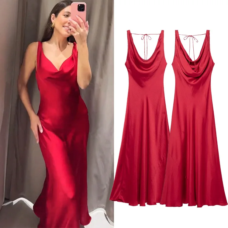 

2025 Summer New Women's Red Fashion Dress Silk Texture Sleeveless Tight Long Dresses Female Chic Elegant Evening Dress