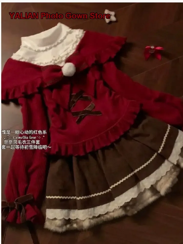 Girls Winter Short Skirt Set Kids Autumn Winter Knit Top and Skirt with Lace Older Kids