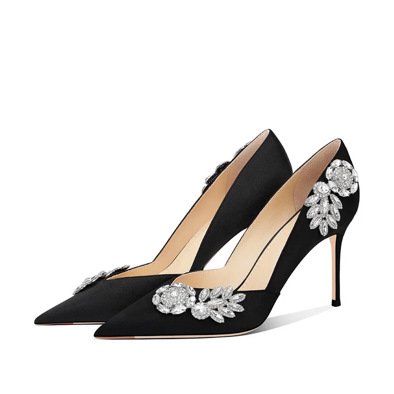 

Elegant Black Satin High Heels Women 2025 New Rhinestone Stiletto Party Shoes Genuine Leather