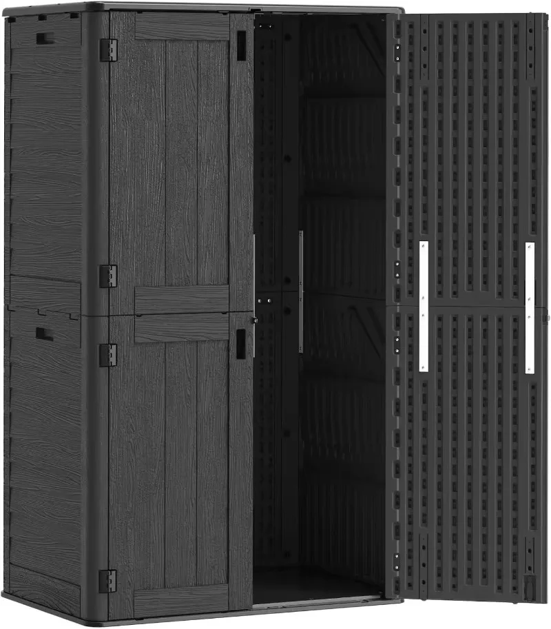 ^Tall Vertical Outdoor Storage Shed, 61 Cu Ft Waterproof Resin Storage Cabinet with Floor, All-Weather Garden Shed for Garage