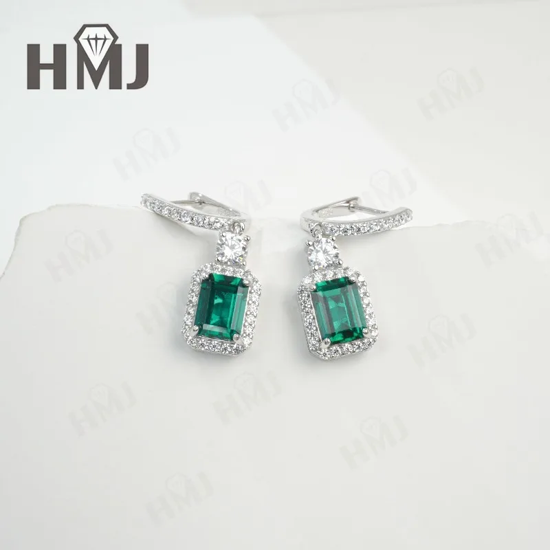 Lab Grown Gemstone Earrings Emerald-Cut  Ruby/Sapphire/Padparadscha/Colombian 925 Sterling Silver Ear Studs Christmas Party Gift