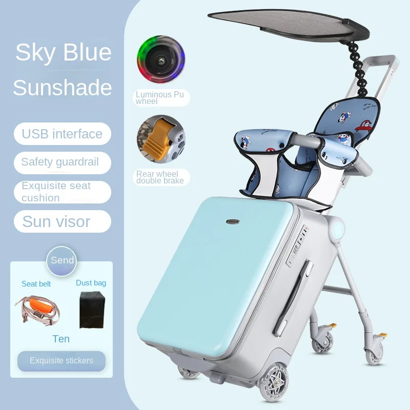 

Новый чемодан для детей, 20-дюймовая переноска для багажа, 2-в-1, съемная тележка, коляска, дорожные чемоданы с солнцезащитным козырьком