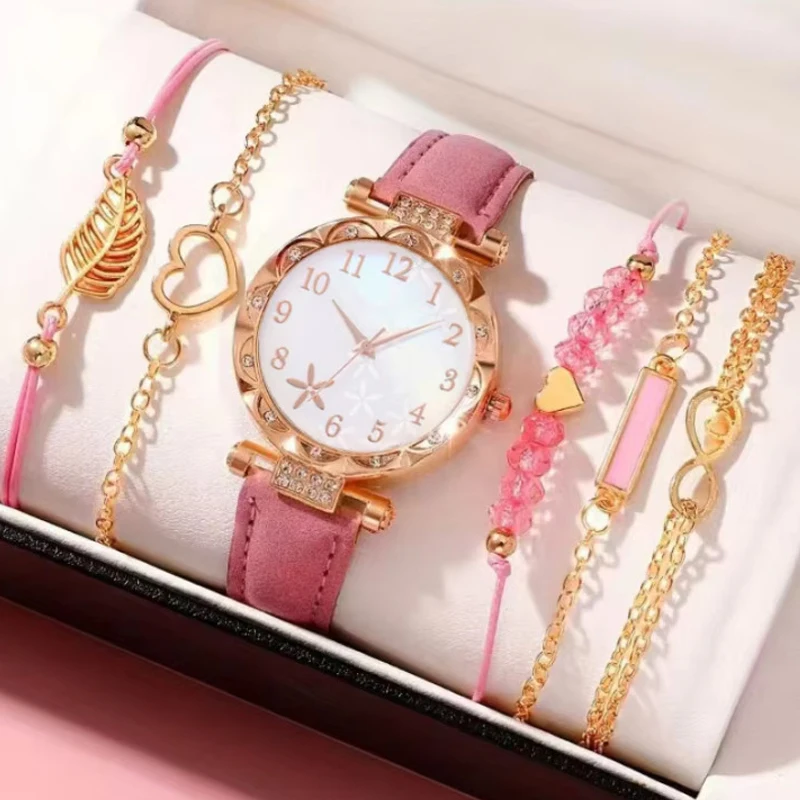 5Pcs Women Pink Suede Strap Watch Set, Floral Bezel Snowflake Dial Quartz Watch + Leaf Heart Pink Crystal Stack Bracelets