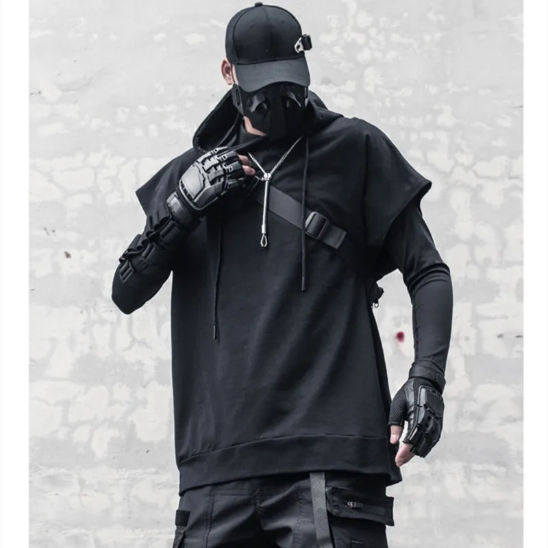 2024 Techwear Style Hip Hop Punk Sleeveless Hoodie Men Street Casual Gothic Vintage Sweatshirt Sleeveless Jacket